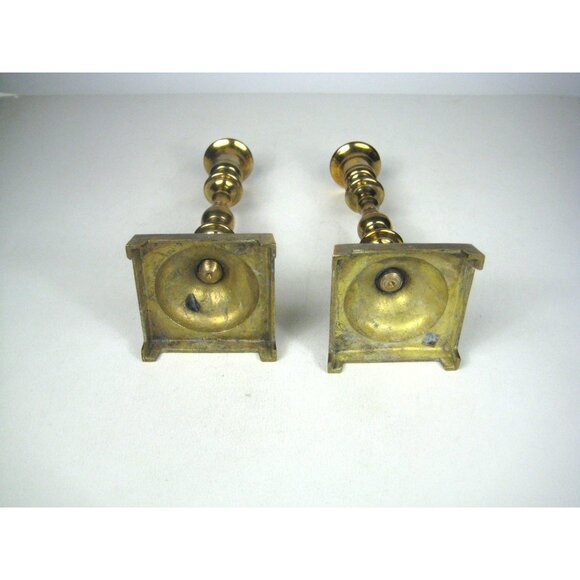Vintage Brass Candlestick Holders Set of 2 Made in India Square Footed Base - Picture 6 of 10